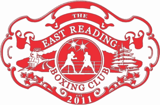 The East Reading Boxing Club crest: a belt plate carrying two boxers in a ring, flanked by a Reading Railroad locomotive and the Reading Pagoda, dated 2011.
